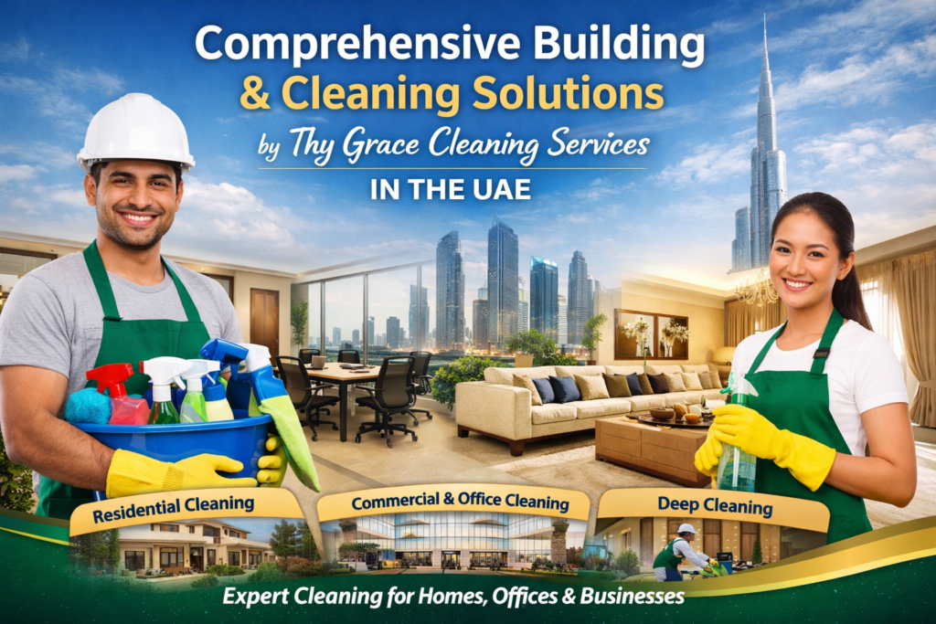 Professional cleaners performing residential and commercial cleaning services in modern buildings, highlighting deep cleaning, office cleaning, and eco-friendly methods in the UAE