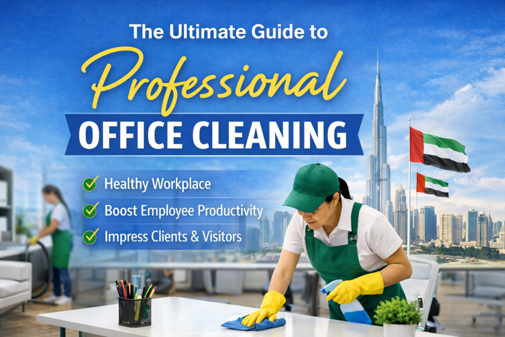 A modern UAE office being professionally cleaned with eco-friendly products, showing cleaners sanitizing workstations and floors while employees work in a tidy environment.