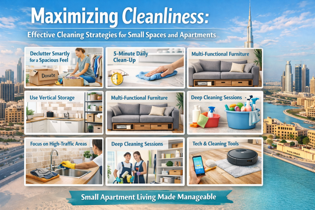 Clean and organized small apartment in Dubai or Ajman with multi-functional furniture, vertical storage, and tidy compact living spaces.